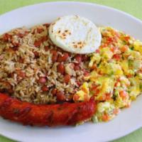 Calentado Mixto / Mixed Traditional Colombian Breakfast · Arroz y frijoles mixtos, con carne o chorizo o huevo revuelto o huevos estrellados y arepa. ...