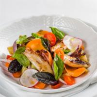 Panzanella Di Calamari · pan-seared squid, heirloom tomatoes, cucumber, shallots, sourdough bread, vinegar, basil