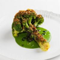 Broccoli Arrosto · roasted broccoli, broccoli rabe pureé, Brussels sprouts, ginger garlic crunch