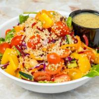 Quinoa Salad · Mixed greens, quinoa, chickpeas, carrot, cucumber, cherry tomato, beets, bell pepper, red ca...