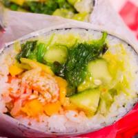 Crab · Kani(Crab sticks), guacamole, masago, cucumber, seaweed salad, mango, spicy mayo tempura cru...