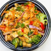 The Teriyaki Brown Rice Bowl · Chicken teriyaki, grilled onions, peppers, broccoli, carrots and bean sprouts.