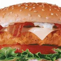 Bacon Ranch Chicken Sandwich · Cheddar cheese, bacon, lettuce, and tomato Ranch dressing on a brioche bun.