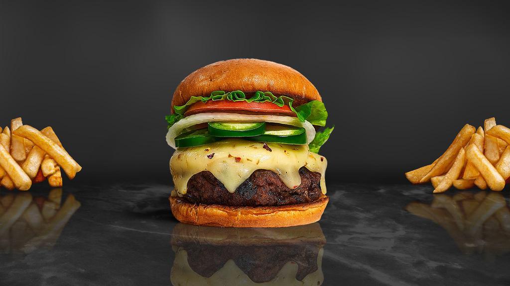 Hot Shot Burger · American beef patty topped with melted cheese, jalapenos, lettuce, tomato, onion, and pickles. Served on a warm bun.