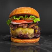 Shroom Doom Burger · American beef patty topped with mushrooms, melted cheese, lettuce, tomato, onion, and pickle...