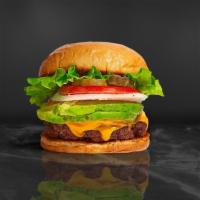 Cado Club Burger · American beef patty topped with avocado, melted cheese, lettuce, tomato, onion, and pickles....