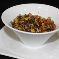 Chickpea Quinoa Salad · Charred chickpeas, red quinoa, roasted corn, diced peppers, scallions, cilantro, lime, and h...