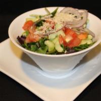 Small Mixed Green Salad · Mixed baby greens, tomato, cucumber, onion, asiago. Your choice of dressing.