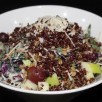 Kale And Quinoa Salad · Kale, quinoa, broccolini, carrots, grapes, apples, cabbage, sunflower seeds, brussels sprout...