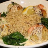 Baked Stuffed Shrimp · Jumbo shrimp, crabmeat, herb stuffing, housemade creamy lemon sauce, whole grain brown rice,...