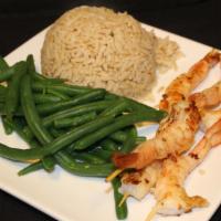 Shrimp Dinner · Gluten-free. Grilled shrimp skewers, served with whole grain brown rice and green beans.