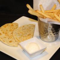 Kid'S Cheese Quesadilla · Gooey cheese inside a grilled flour tortilla. Served with your choice of one side.