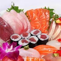 Sushi & Sashimi Combo · Five pieces sushi and 12 pieces sashimi and tuna roll.
