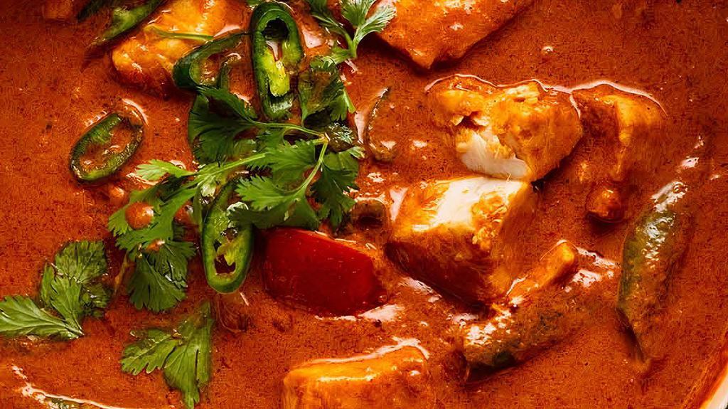 Goa Fish Curry Goal · Fish prepared in coconut sauce with very mild spices, mustard seeds, cumin, curry leaf, and coriander.