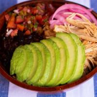 The Mexican Bowl · Slow Cooked Pulled Chicken, Black Beans, Avocado, Sweet Plantains, Pico de Gallo, and Pickle...