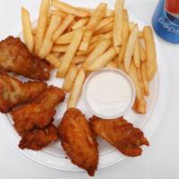 Seven Piece Chicken Wings Combo · Served with french fries and soda.