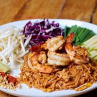 Pad Thai Shrimp · Thin rice noodle with pinto pad Thai sauce, fresh farm egg, peanut, and shrimp.