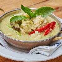 Green Curry Chicken  · Homemade green curry with chicken, local vegetable served with jasmine rice
