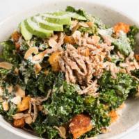 Spicy Kale Caesar Salad · *Marinated Kale. *Spicy Caesar Dressing. *Almond Parmesan. *Sliced Almonds. *Fried Shallots....