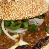 Galbi Burger · galbi marinated beef patties, queso, dwenjang jjajang gravy, onions, cilantro, chipotle burg...
