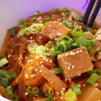 Kimchi Japchae Bowl (Vegan) · (vegan) kimchi, japchae (glass noodles), topped with soy marinated tofu, over sticky rice, t...