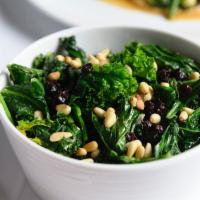 Sautéed Spinach & Kale Leaves · Garlic confit, white wine, pine nuts, and currants.