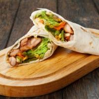 Bbq Chicken Wrap · Sliced BBQ marinated chicken, avocado, romaine, jack cheese and sun-dried tomatoes.