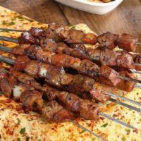 Liver Shish Kebab · Lamb Liver comes with rice and salad.