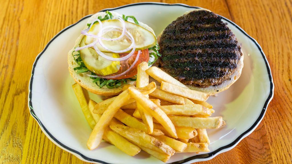 Tavolo Hamburger · Classic grilled sirloin hamburger with chipotle mayo, lettuce, tomato onions, choice of cheese, pickles, and side of fries.