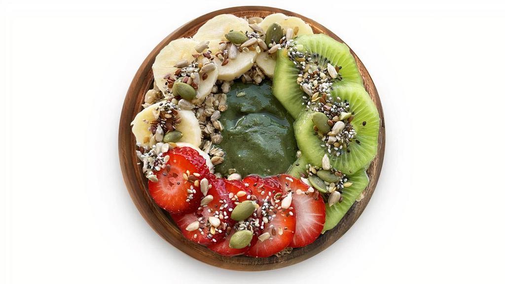Hella Good Greens® · BLENDED: Açaí, mango, spinach, kale, banana, plant milk. TOPPINGS: Strawberries, kiwi, banana, superseed granola