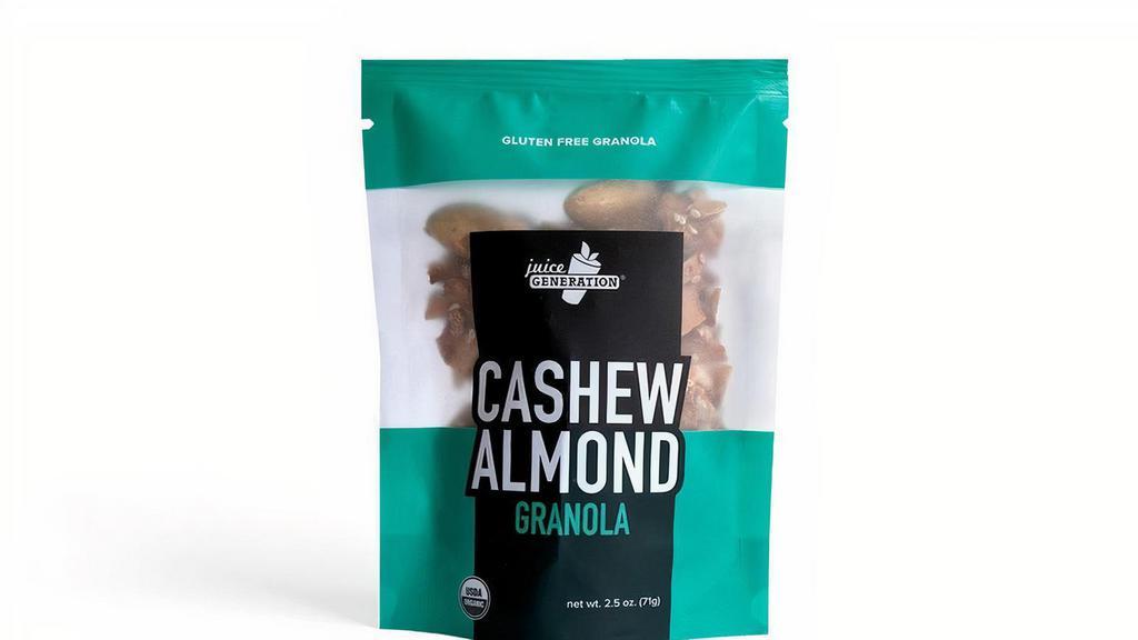 Cashew Almond Granola · Gluten-free rolled oats, maple syrup, raisins, coconut chips, almonds, cashews, sunflower oil, sunflower seeds, pumpkin seeds, sesame seeds, shredded coconut. New wt. 3oz