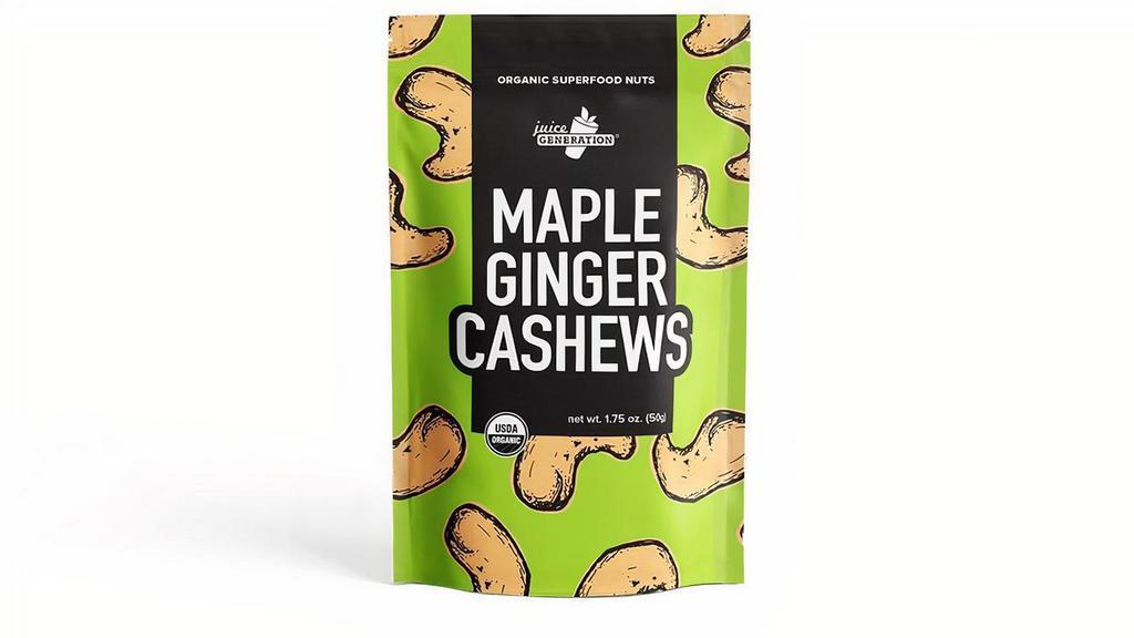 Maple Ginger Cashews · Cashews, maple syrup, ginger. Net wt. 1.75oz