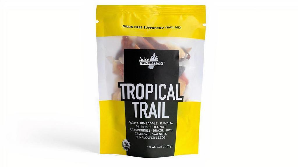 Tropical Trail · Papaya, pineapple, banana, raisins, coconut, cranberries, brazil nuts, cashews, walnuts, sunflower seeds. Net wt. 3 oz