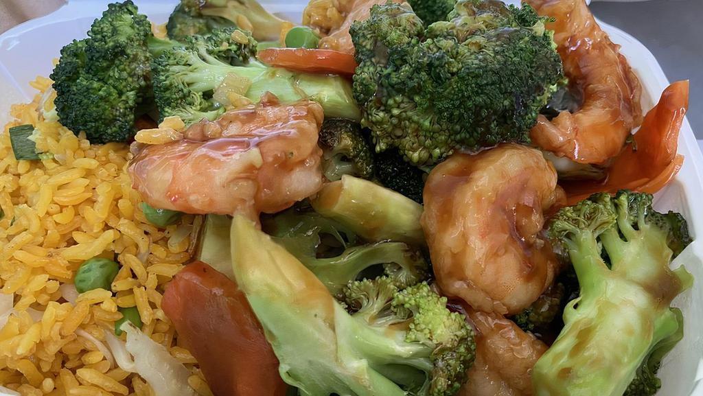 Shrimp With Broccoli · Served with pork fried rice and pork egg roll.