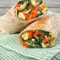 Veggie Breakfast Wrap · Delicious Breakfast Wrap made with 2 Eggs, onions, peppers, tomatoes, and mushrooms.