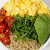 Quinoa Breakfast Bowl · 2 Fried Eggs, Tomato, Avocado, and Quinoa over Arugula