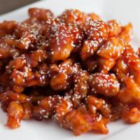 Sesame Chicken · Hot and spicy. Slightly fried chunks of chicken in a heavily blended brown sauce. Served wit...