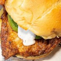 Blackened Chicken · Caramelized onion, avocado, melted pepper jack, and ranch dressing.