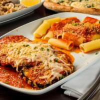 Vegan Eggplant Parmesan Dinner · Breaded Eggplant Topped with Tomato Sauce and Cashew Mozzarella Served With Choice of Pasta ...