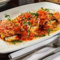 Vegan Eggplant Rollatini Dinner · Breaded Eggplant Rolled with Cashew Tofu Ricotta topped with Tomato Sauce and Daiya Mozzarel...