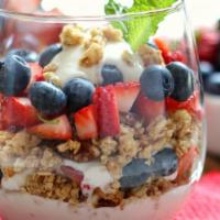 Fresh Berry Yogurt · Fresh Strawberry and Blueberry on yogurt parfait (16oz)