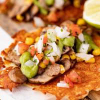 Tacos Mushrooms · Cremini & shiitake mushrooms, corn, melted cheese, pico de gallo avocado-salsa