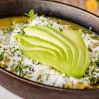 Enchiladas De Camarones · Soft corn tortillas filled with shrimp, cheese,
grilled corn, avocado, crema, with creamy ve...