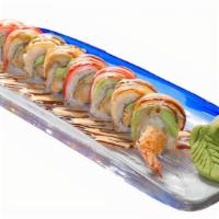 Ocean Roll · Shrimp tempura and avocado roll. Topped with cream cheese, white tuna tempura, crabmeat, avo...