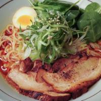 Karakuchi Ramen · Favorite. Spicy tonkatsu broth and noodles. Topped with bean sprouts, scallions, spinach, ma...