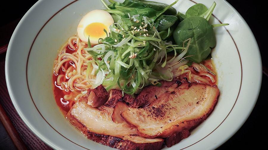 Karakuchi Ramen · Favorite. Spicy tonkatsu broth and noodles. Topped with bean sprouts, scallions, spinach, marinated egg, and grilled pork belly.