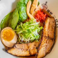 Shoyu Ramen · Rich soy sauce based soup and noodles. Topped with bean sprouts, scallions, spinach, marinat...