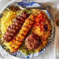 Kabul Combo · A combination platter comes with chapli kabob, chicken kofta, and shami kabob.