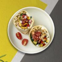 Black Beannie Vegan Burrito · Black beans, peppers, brown rice in a homemade salsa and a drizzle of non-dairy sour cream w...