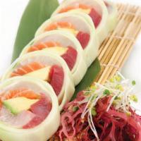 Rainbow Naruto · Tuna, salmon, white fish, yellowtail & avocado wrapped in cucumber.

Consuming raw or underc...
